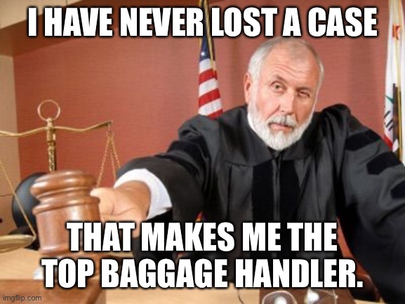Never lost a case | I HAVE NEVER LOST A CASE; THAT MAKES ME THE TOP BAGGAGE HANDLER. | image tagged in judge,never lost a case,i must be,top baggage handler,fun | made w/ Imgflip meme maker