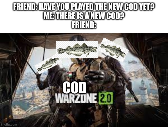 Call of Duty in 2070 be like: | FRIEND: HAVE YOU PLAYED THE NEW COD YET?
ME: THERE IS A NEW COD?
FRIEND:; COD | image tagged in gaming,video games,cod,relatable | made w/ Imgflip meme maker