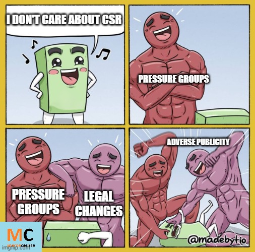 corporate social responsibility | I DON'T CARE ABOUT CSR; PRESSURE GROUPS; ADVERSE PUBLICITY; PRESSURE GROUPS; LEGAL CHANGES | image tagged in guy getting beat up | made w/ Imgflip meme maker