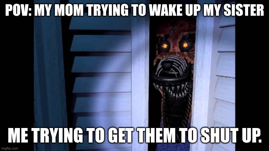 Foxy FNaF 4 | POV: MY MOM TRYING TO WAKE UP MY SISTER; ME TRYING TO GET THEM TO SHUT UP. | image tagged in foxy fnaf 4 | made w/ Imgflip meme maker