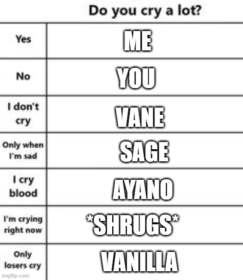 Put Characters/your OC's Here | YOU; ME; VANE; SAGE; AYANO; *SHRUGS*; VANILLA | image tagged in put characters here | made w/ Imgflip meme maker