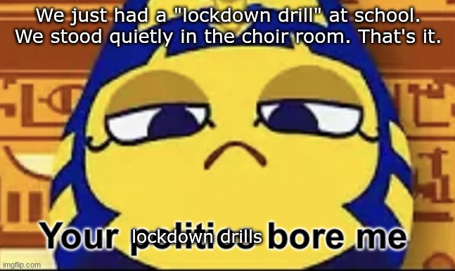 Your politics bore me | We just had a "lockdown drill" at school. We stood quietly in the choir room. That's it. lockdown drills | image tagged in your politics bore me | made w/ Imgflip meme maker