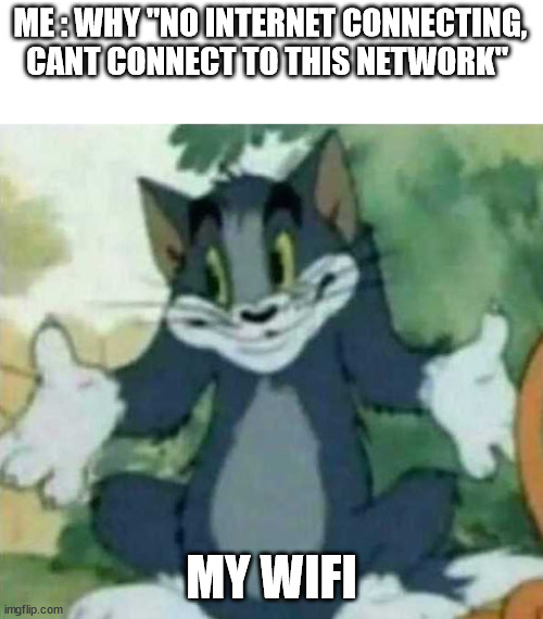 wifi | ME : WHY "NO INTERNET CONNECTING, CANT CONNECT TO THIS NETWORK"; MY WIFI | image tagged in tom i dont know meme | made w/ Imgflip meme maker