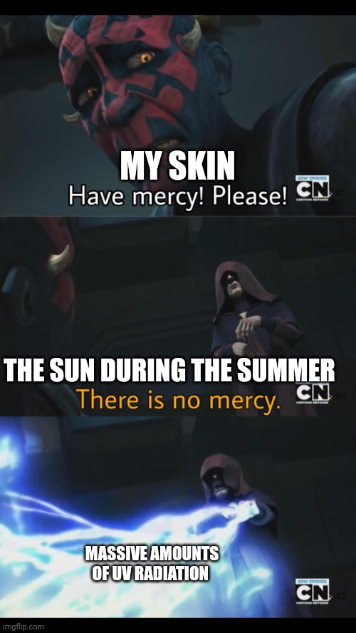 No mercy sunburn | MY SKIN; THE SUN DURING THE SUMMER; MASSIVE AMOUNTS OF UV RADIATION | image tagged in no mercy | made w/ Imgflip meme maker