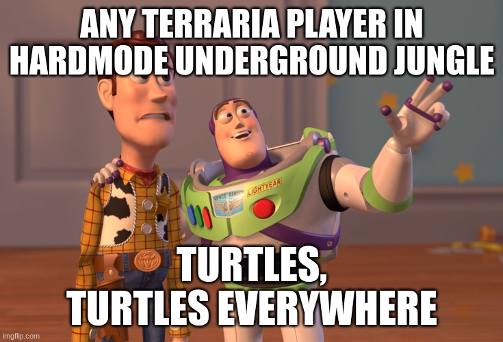 TURTLES ARE SO ANNOYING | ANY TERRARIA PLAYER IN HARDMODE UNDERGROUND JUNGLE; TURTLES,
TURTLES EVERYWHERE | image tagged in memes,terraria | made w/ Imgflip meme maker