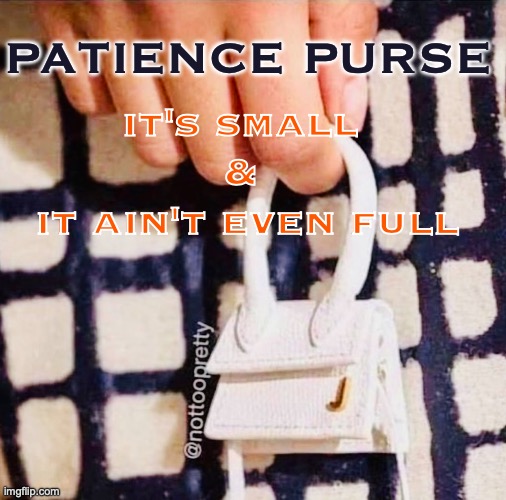 Patience Purse | PATIENCE PURSE; it's small 
& 
it ain't even full | image tagged in impatience,patience,antisocial,silly,fashion kartoon | made w/ Imgflip meme maker