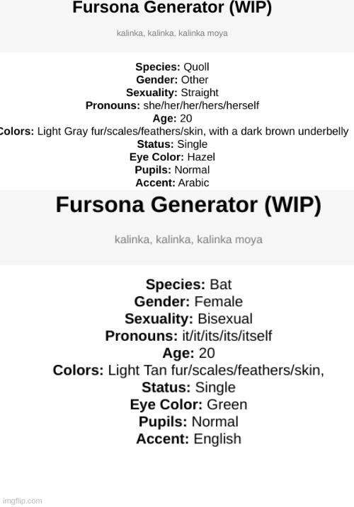 I was trying to make new oc with this fursona generator (Link: https://perchance.org/fursona-generator-v2 ) can anyone draw them | image tagged in tags,ha ha tags go brr | made w/ Imgflip meme maker