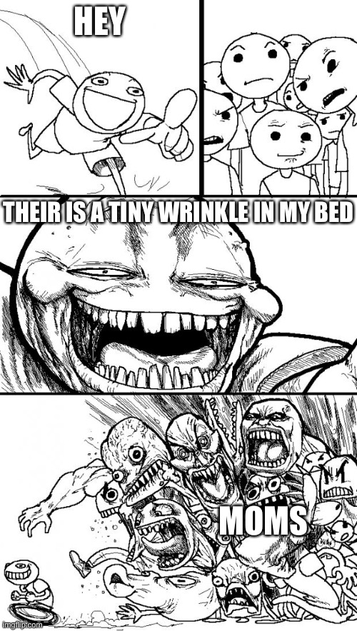 Hey Internet | HEY; THEIR IS A TINY WRINKLE IN MY BED; MOMS | image tagged in memes,hey internet | made w/ Imgflip meme maker