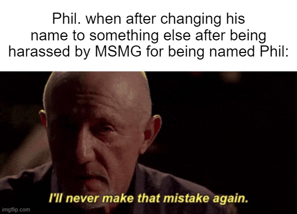 New template, feel free to use. | Phil. when after changing his name to something else after being harassed by MSMG for being named Phil: | image tagged in i'll never make that mistake again | made w/ Imgflip meme maker