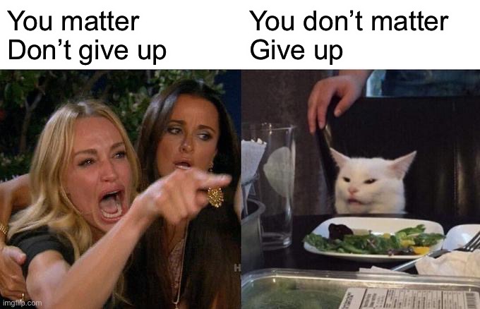 Who matters and doesn’t matter? | You matter
Don’t give up; You don’t matter
Give up | image tagged in memes,woman yelling at cat | made w/ Imgflip meme maker