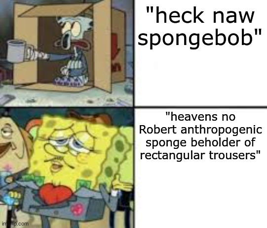 Poor Squidward and Fancy Spongebob | "heck naw spongebob"; "heavens no Robert anthropogenic sponge beholder of rectangular trousers" | image tagged in poor squidward and fancy spongebob | made w/ Imgflip meme maker