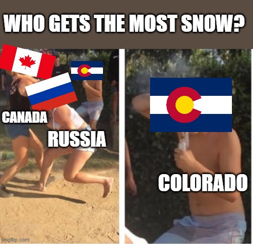 idk lol | WHO GETS THE MOST SNOW? CANADA; RUSSIA; COLORADO | image tagged in dabbing dude | made w/ Imgflip meme maker