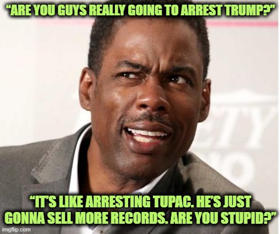 chris rock wut | “ARE YOU GUYS REALLY GOING TO ARREST TRUMP?”; “IT’S LIKE ARRESTING TUPAC. HE’S JUST GONNA SELL MORE RECORDS. ARE YOU STUPID?” | image tagged in chris rock wut | made w/ Imgflip meme maker