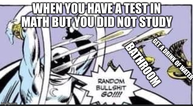 Random Bullshit Go | WHEN YOU HAVE A TEST IN MATH BUT YOU DID NOT STUDY; GET A DRINK OF WATER; BATHROOM | image tagged in random bullshit go,memes | made w/ Imgflip meme maker