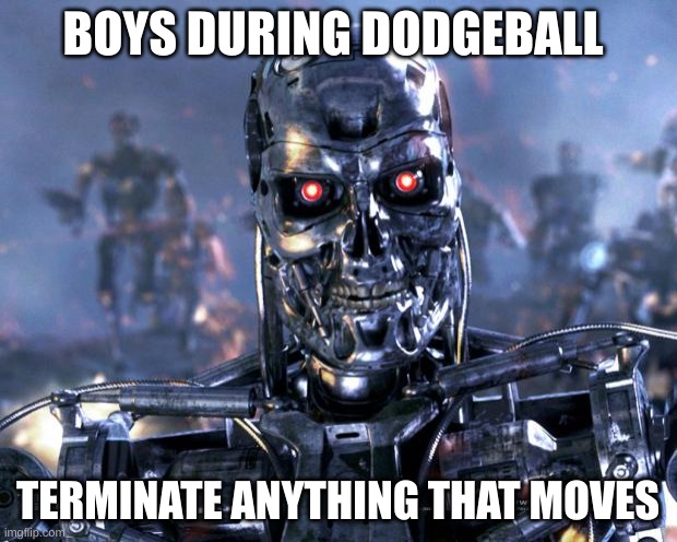 Terminator Robot T-800 | BOYS DURING DODGEBALL; TERMINATE ANYTHING THAT MOVES | image tagged in terminator robot t-800,memes | made w/ Imgflip meme maker