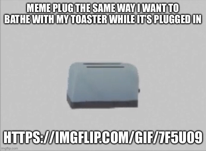 Low Quality Toaster | MEME PLUG THE SAME WAY I WANT TO BATHE WITH MY TOASTER WHILE IT’S PLUGGED IN; HTTPS://IMGFLIP.COM/GIF/7F5U09 | image tagged in low quality toaster | made w/ Imgflip meme maker