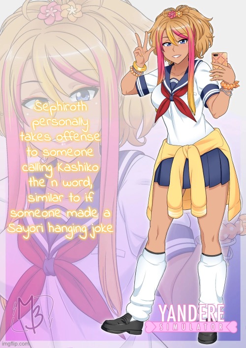 Hana Daidaiyama | Sephiroth personally takes offense to someone calling Kashiko the n word, similar to if someone made a Sayori hanging joke | image tagged in hana daidaiyama | made w/ Imgflip meme maker