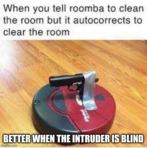 roomba with a glock | BETTER WHEN THE INTRUDER IS BLIND | image tagged in roomba with a glock | made w/ Imgflip meme maker