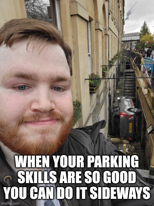 Parking skills | WHEN YOUR PARKING SKILLS ARE SO GOOD YOU CAN DO IT SIDEWAYS | image tagged in memes | made w/ Imgflip meme maker