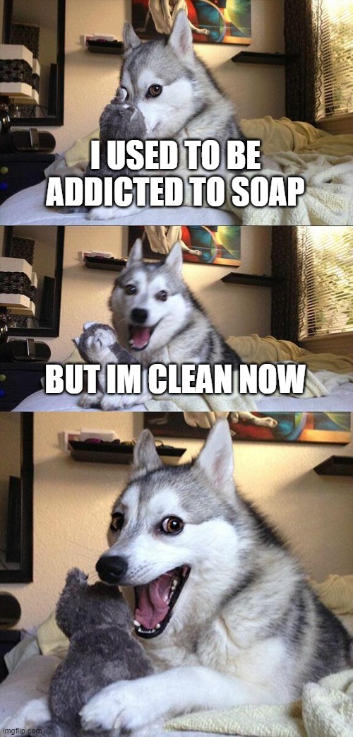 MORE DAD JOKES!!!! | I USED TO BE ADDICTED TO SOAP; BUT IM CLEAN NOW | image tagged in memes,bad pun dog | made w/ Imgflip meme maker