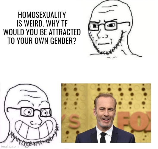 Hypocrite Neckbeard | HOMOSEXUALITY IS WEIRD. WHY TF WOULD YOU BE ATTRACTED TO YOUR OWN GENDER? | image tagged in hypocrite neckbeard | made w/ Imgflip meme maker
