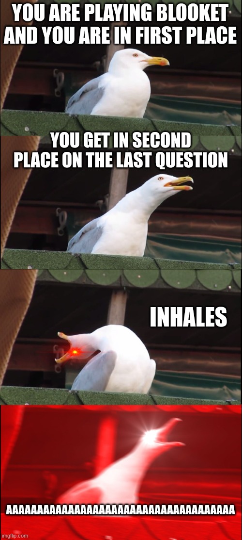 When you lose on Blooket | YOU ARE PLAYING BLOOKET AND YOU ARE IN FIRST PLACE; YOU GET IN SECOND PLACE ON THE LAST QUESTION; INHALES; AAAAAAAAAAAAAAAAAAAAAAAAAAAAAAAAAAAAA | image tagged in memes,inhaling seagull | made w/ Imgflip meme maker