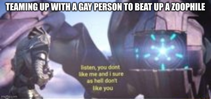Listen, you don't like me and I sure as hell don't like you | TEAMING UP WITH A GAY PERSON TO BEAT UP A ZOOPHILE | image tagged in listen you don't like me and i sure as hell don't like you | made w/ Imgflip meme maker