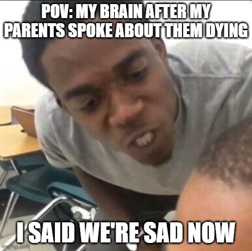 Parents talking about their death be like: | POV: MY BRAIN AFTER MY PARENTS SPOKE ABOUT THEM DYING; I SAID WE'RE SAD NOW | image tagged in funny,sad but true,parents | made w/ Imgflip meme maker