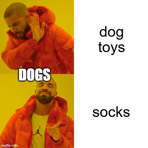 Drake Hotline Bling | dog toys; DOGS; socks | image tagged in memes,drake hotline bling | made w/ Imgflip meme maker