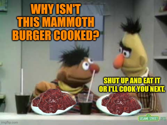 The food shortage hit sesame street especially hard. | WHY ISN'T THIS MAMMOTH BURGER COOKED? SHUT UP AND EAT IT OR I'LL COOK YOU NEXT. | image tagged in sesame street,bert and ernie,nom nom nom | made w/ Imgflip meme maker
