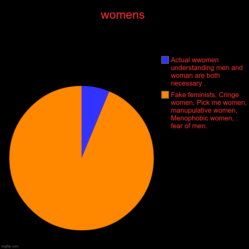 womens | Fake feminists, Cringe women, Pick me women, manupulative women, Menophobic women, : fear of men., Actual wwomen understanding men  | image tagged in charts,pie charts | made w/ Imgflip chart maker