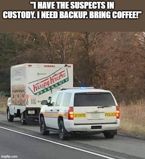 Funnies | "I HAVE THE SUSPECTS IN CUSTODY. I NEED BACKUP. BRING COFFEE!" | image tagged in funny memes | made w/ Imgflip meme maker