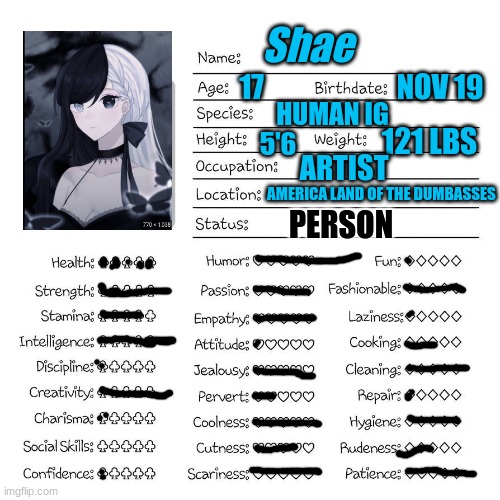 Profile card | Shae; 17; NOV 19; HUMAN IG; 121 LBS; 5'6; ARTIST; AMERICA LAND OF THE DUMBASSES; PERSON | image tagged in profile card | made w/ Imgflip meme maker
