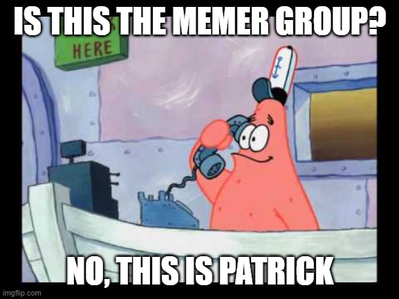 First meme at Memer group | IS THIS THE MEMER GROUP? NO, THIS IS PATRICK | image tagged in no this is patrick,memes | made w/ Imgflip meme maker