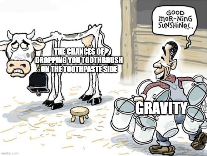 milking the cow | THE CHANCES OF DROPPING YOU TOOTHBRUSH ON THE TOOTHPASTE SIDE; GRAVITY | image tagged in milking the cow,toothpaste,toothbrush | made w/ Imgflip meme maker