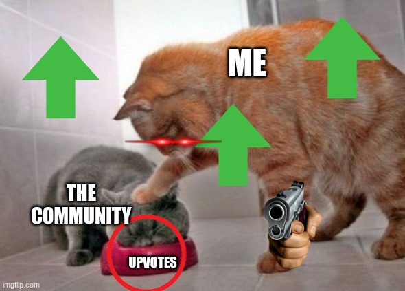force feed upvotes | ME; THE COMMUNITY; UPVOTES | image tagged in force feed cat | made w/ Imgflip meme maker