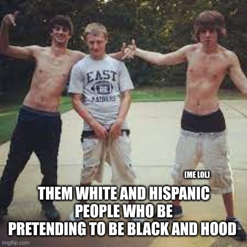 They always be doing this. Such wanna be black. (I can't be talking this is literally what I do -_-) | (ME LOL); THEM WHITE AND HISPANIC PEOPLE WHO BE PRETENDING TO BE BLACK AND HOOD | image tagged in lol,so true,sad but true | made w/ Imgflip meme maker