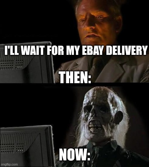 I'll Just Wait Here | I'LL WAIT FOR MY EBAY DELIVERY; THEN:; NOW: | image tagged in memes,i'll just wait here | made w/ Imgflip meme maker