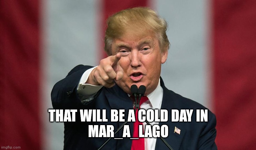 Donald Trump Birthday | THAT WILL BE A COLD DAY IN
MAR_A_LAGO | image tagged in donald trump birthday | made w/ Imgflip meme maker