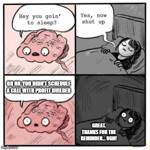 Hey you going to sleep? | OH NO, YOU DIDN'T SCHEDULE A CALL WITH PROFIT BUILDER; GREAT. THANKS FOR THE REMINDER... UGH! | image tagged in hey you going to sleep | made w/ Imgflip meme maker
