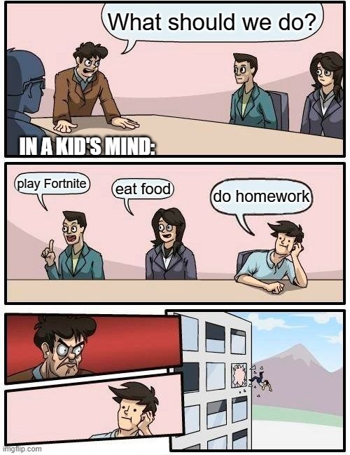Boardroom Meeting Suggestion | What should we do? IN A KID'S MIND:; play Fortnite; eat food; do homework | image tagged in memes,boardroom meeting suggestion | made w/ Imgflip meme maker