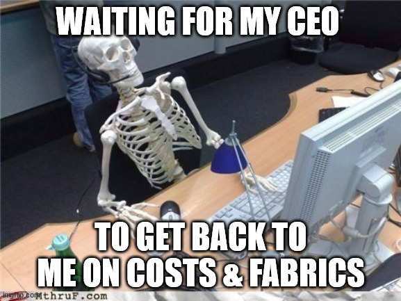 Waiting skeleton | WAITING FOR MY CEO; TO GET BACK TO ME ON COSTS & FABRICS | image tagged in waiting skeleton | made w/ Imgflip meme maker