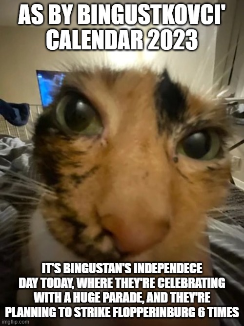 Jonquavius John Jingle Jang Joogle Gloop the 3rd | AS BY BINGUSTKOVCI' CALENDAR 2023; IT'S BINGUSTAN'S INDEPENDECE DAY TODAY, WHERE THEY'RE CELEBRATING WITH A HUGE PARADE, AND THEY'RE PLANNING TO STRIKE FLOPPERINBURG 6 TIMES | image tagged in jonquavius john jingle jang joogle gloop the 3rd | made w/ Imgflip meme maker