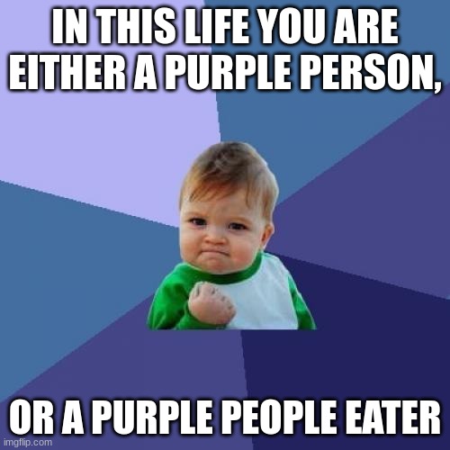 Best meme | IN THIS LIFE YOU ARE EITHER A PURPLE PERSON, OR A PURPLE PEOPLE EATER | image tagged in memes,success kid,funny memes,funny | made w/ Imgflip meme maker