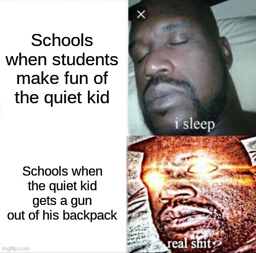 Dont pick on the quiet kid | Schools when students make fun of the quiet kid; Schools when the quiet kid gets a gun out of his backpack | image tagged in memes,sleeping shaq | made w/ Imgflip meme maker