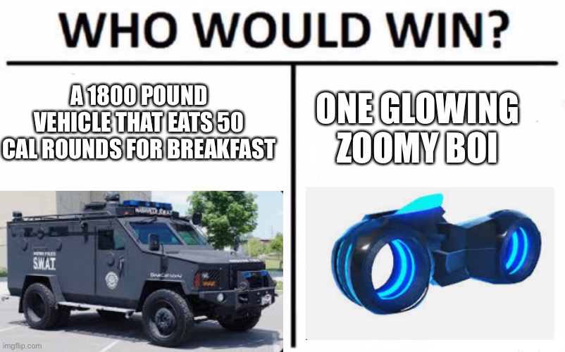 Forgot to add 1 more zero to the end of 1800, but I’m too lazy to edit it | A 1800 POUND VEHICLE THAT EATS 50 CAL ROUNDS FOR BREAKFAST; ONE GLOWING ZOOMY BOI | image tagged in memes,who would win,big chungus,vs,bikers | made w/ Imgflip meme maker