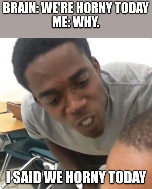 I said we sad today | BRAIN: WE'RE HORNY TODAY
ME: WHY. I SAID WE HORNY TODAY | image tagged in i said we sad today | made w/ Imgflip meme maker