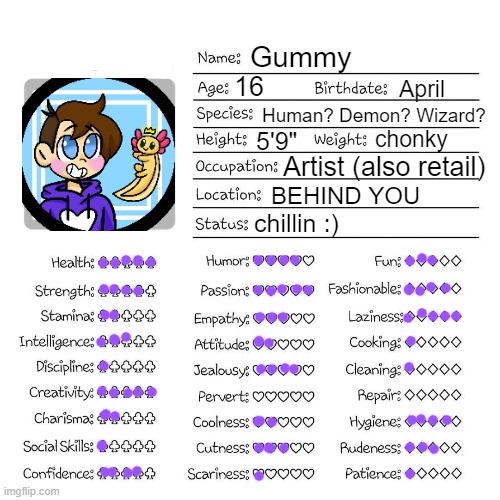 Hello my friends | Gummy; 16; April; Human? Demon? Wizard? chonky; 5'9"; Artist (also retail); BEHIND YOU; chillin :) | image tagged in profile card | made w/ Imgflip meme maker