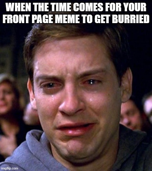 I'm worthless T-T XD | WHEN THE TIME COMES FOR YOUR FRONT PAGE MEME TO GET BURRIED | image tagged in crying peter parker | made w/ Imgflip meme maker