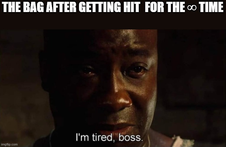 I'm tired boss | THE BAG AFTER GETTING HIT  FOR THE ∞ TIME | image tagged in i'm tired boss | made w/ Imgflip meme maker